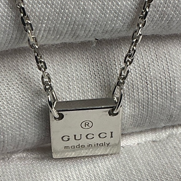 Authentic Gucci Square Plate Tag Pendant 925 Silver Necklace Signature Clasp - Picture 7 of 14